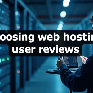 The image shows a laptop displaying a comparison of user reviews for choosing web hosting services.