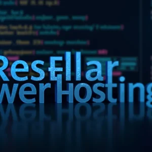The image shows a computer screen displaying a guide on reseller web hosting reviews with various hosting icons.